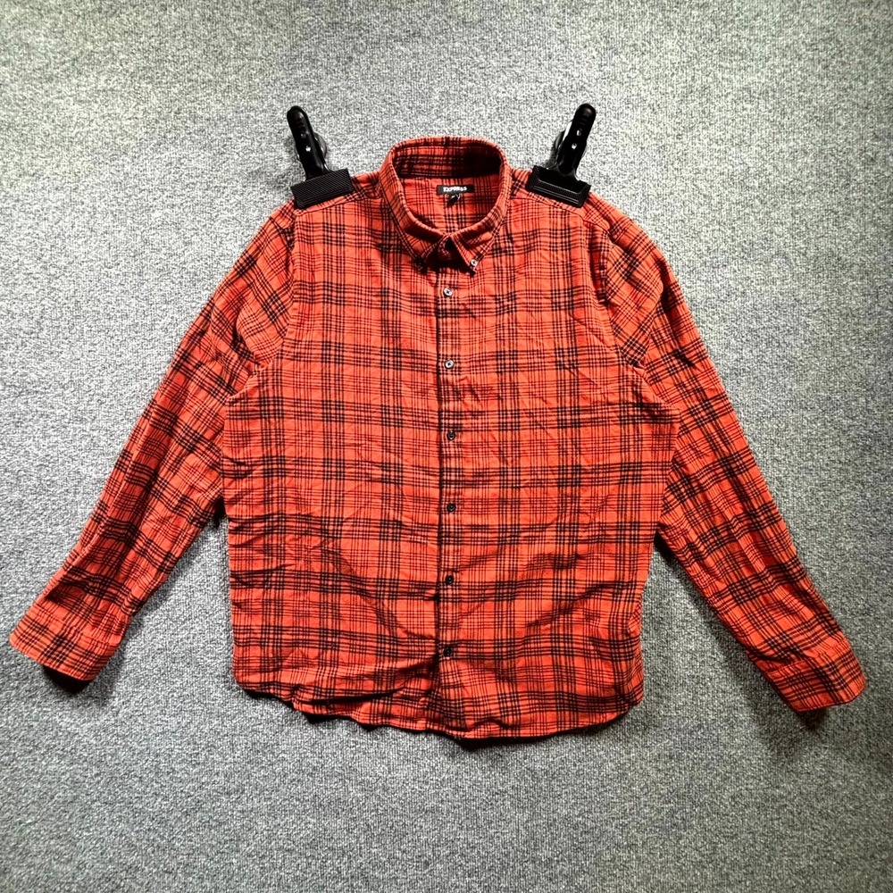 Express Flannel Shirt Men's XL Red Black Tartan Plaid Stretch Casual Button Down